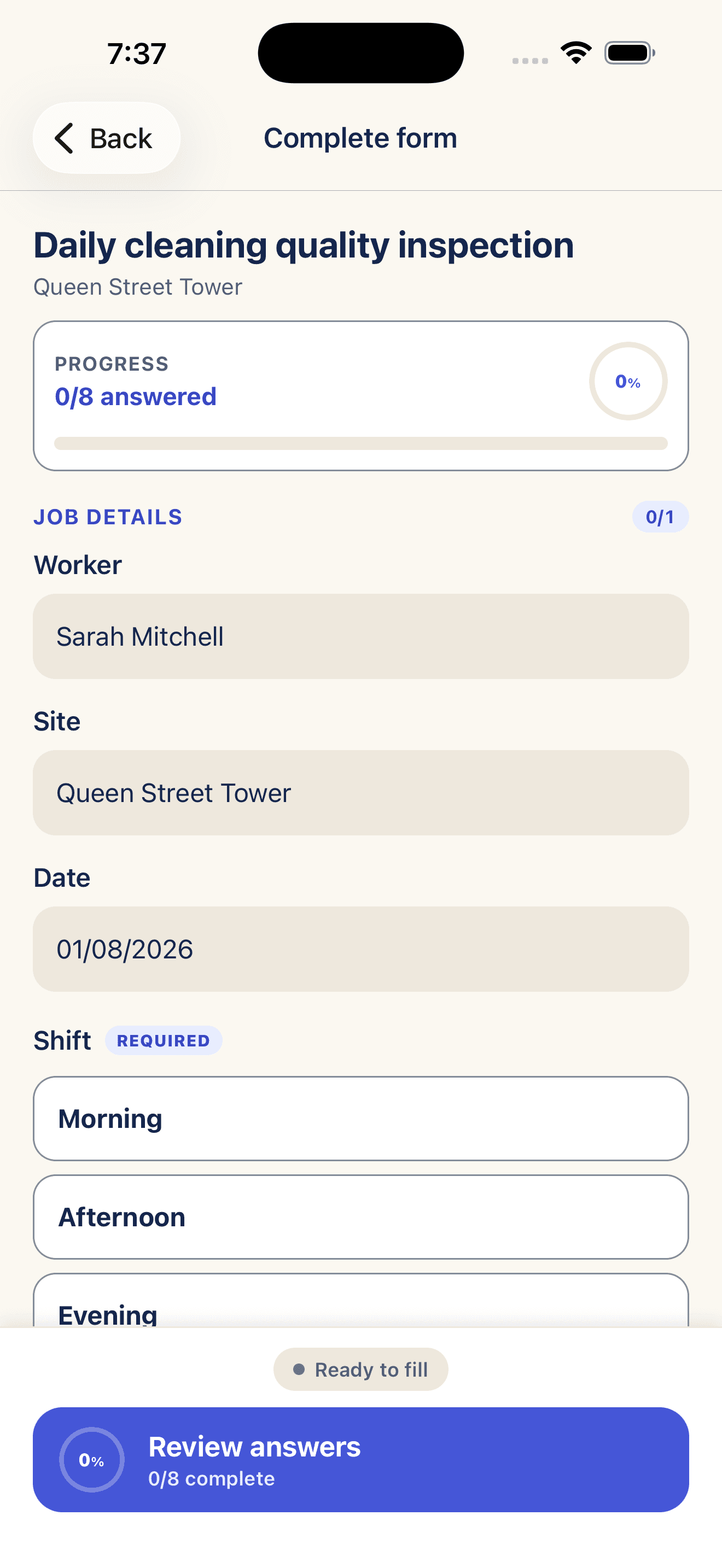 The real Safestead Field app completing a cleaning inspection for Queen Street Tower